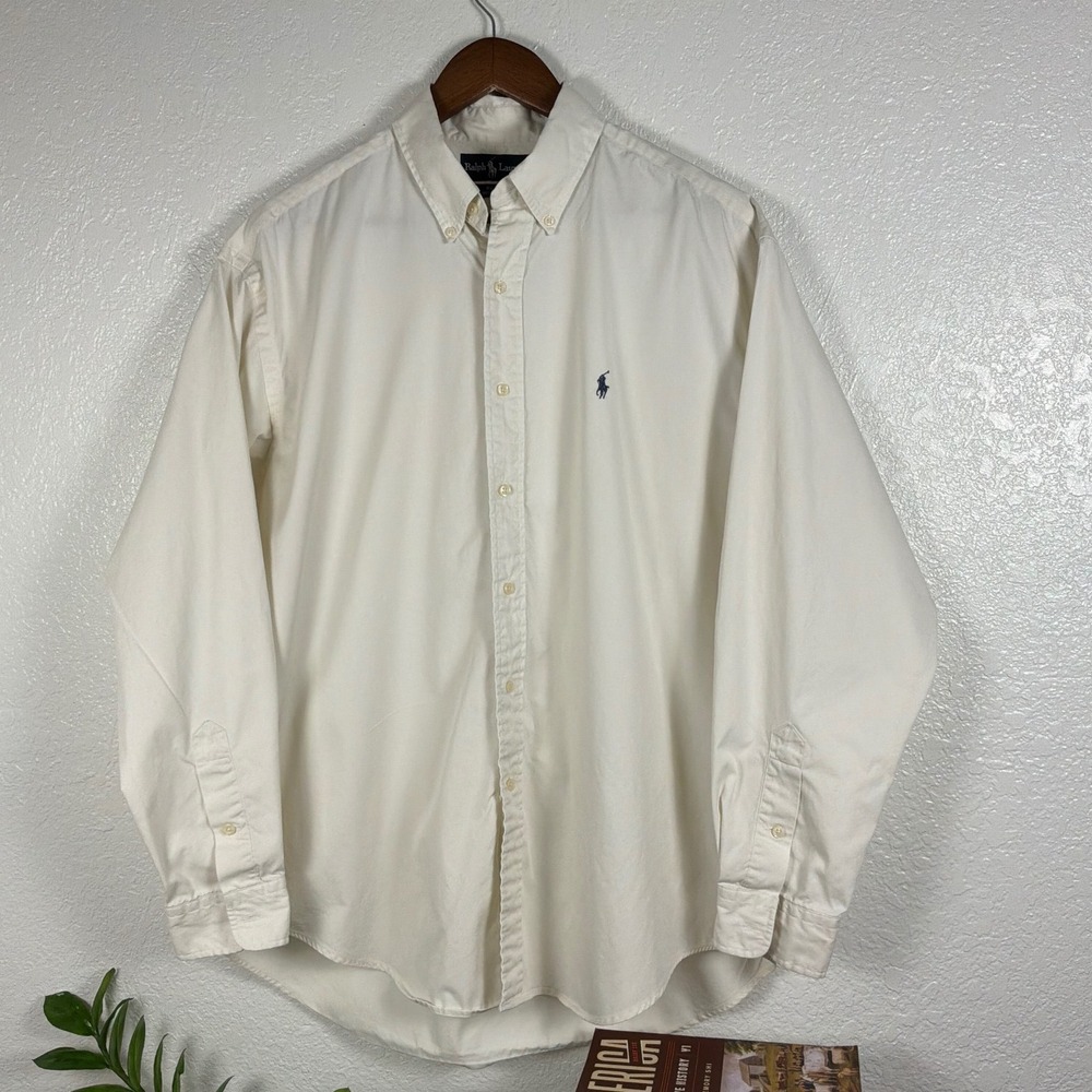 Ralph Lauren Button Down Shirt Mens L Cream Excellent Blake 100% Cotton